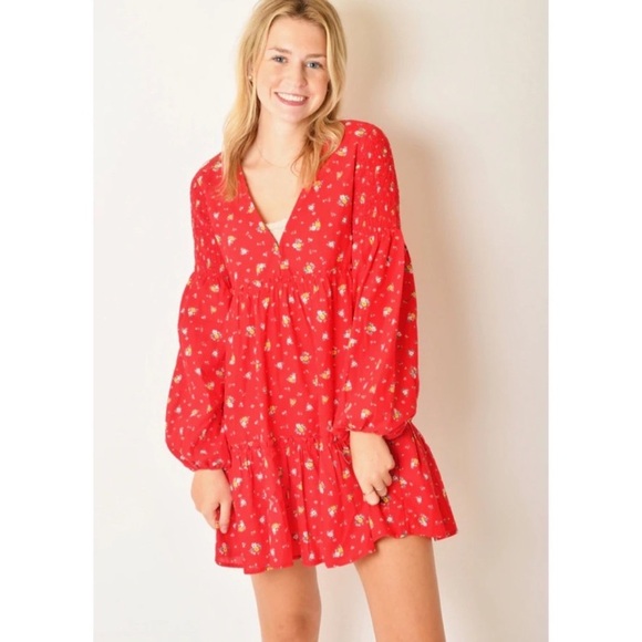 Billabong x Wrangler Falling for You Floral V-Neck Red Long Sleeve Mini Dress - Picture 10 of 16